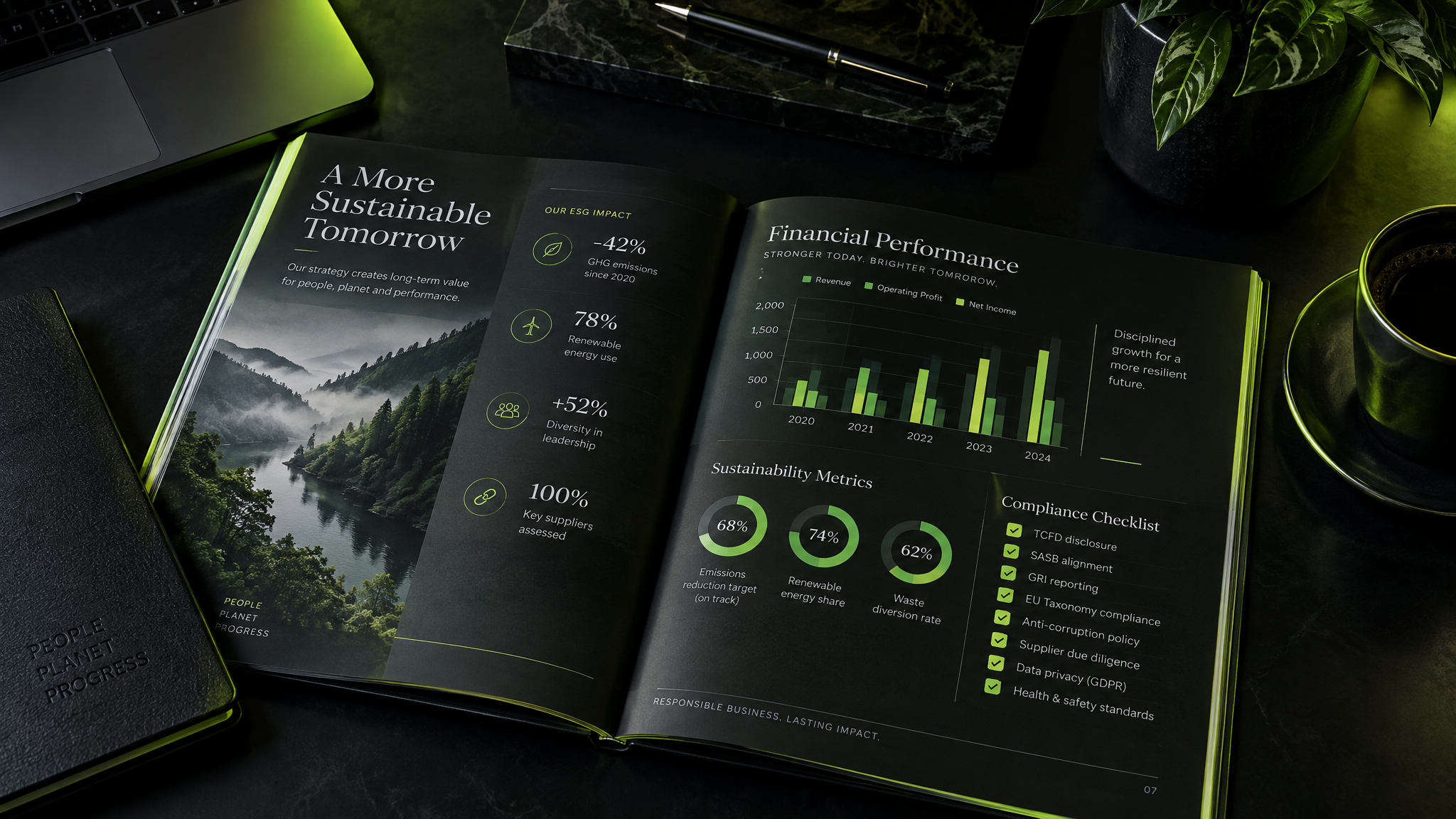 Open corporate ESG and financial disclosure report with charts and a compliance checklist