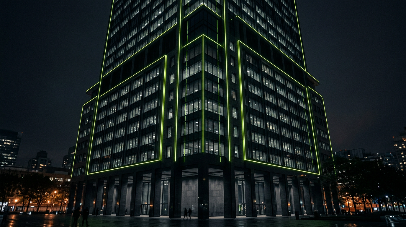 Corporate headquarters tower lit at night