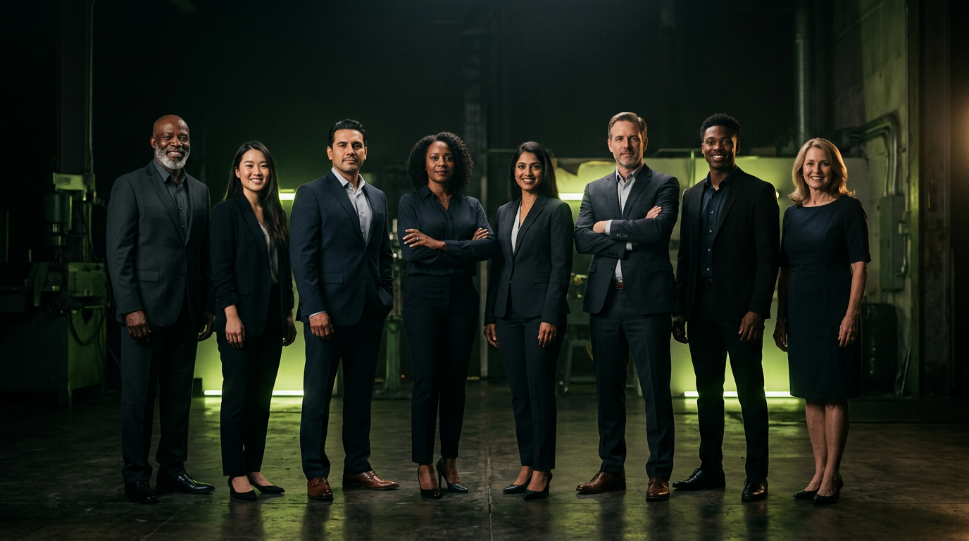 Diverse group of professionals in an industrial setting